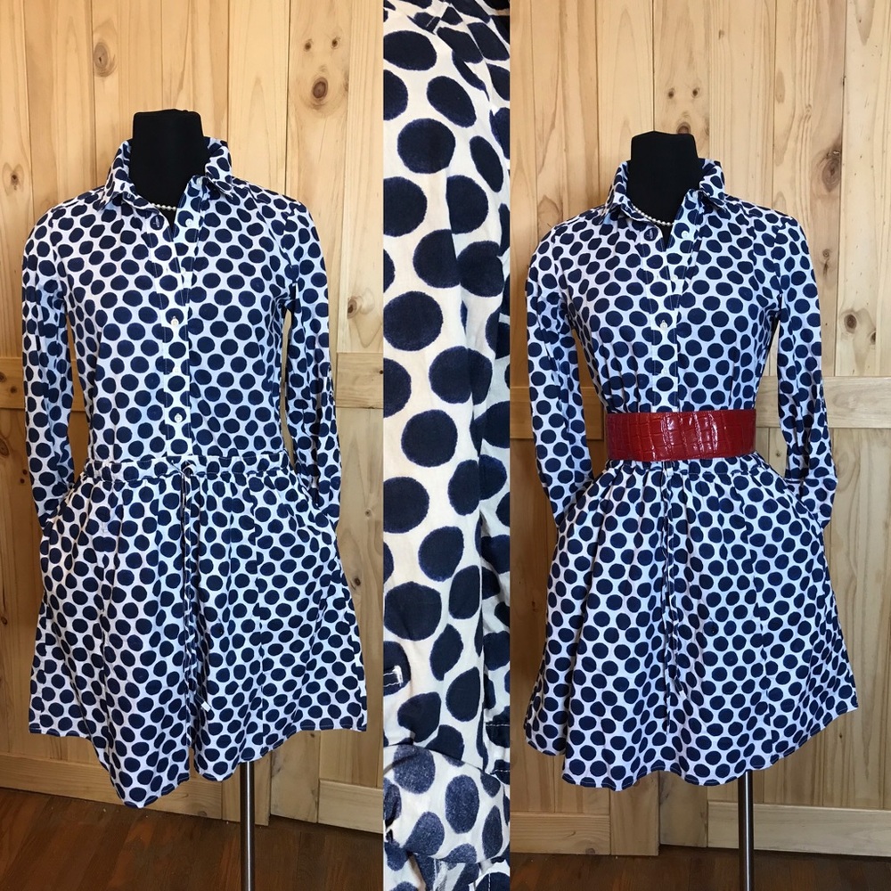 Gap navy blue white polka dot shirt dress- pockets